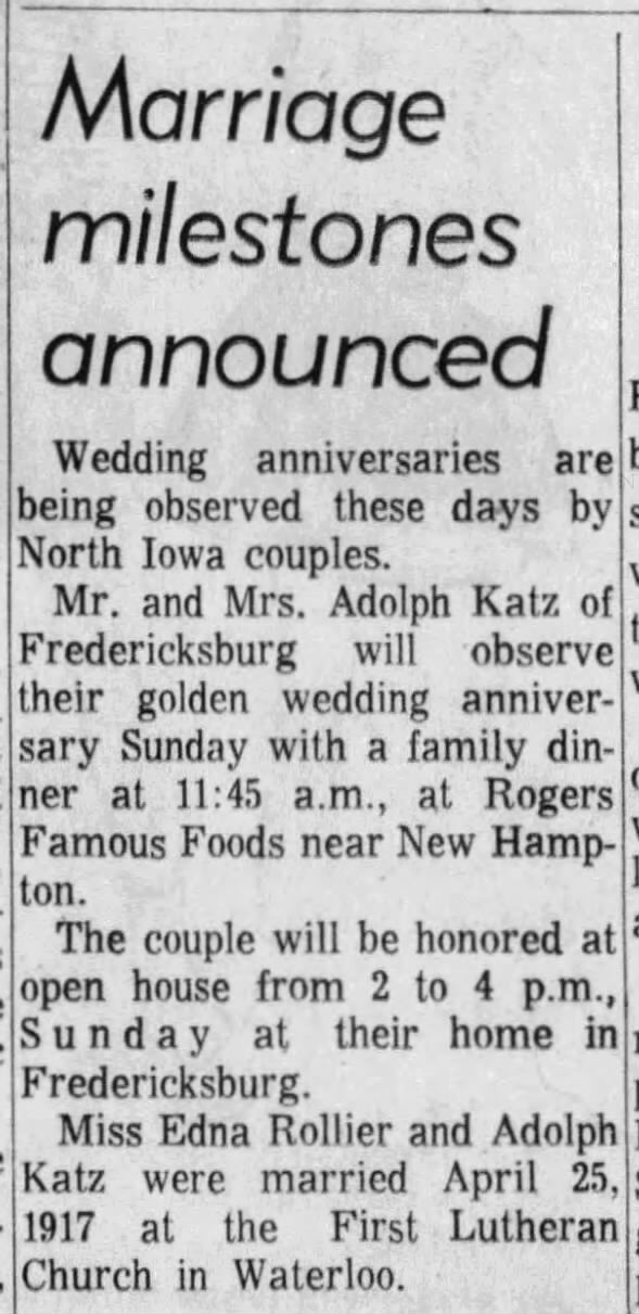 Marriage Milestones 50th Wedding Anniversary Mr. and Mrs. Adolph Katz